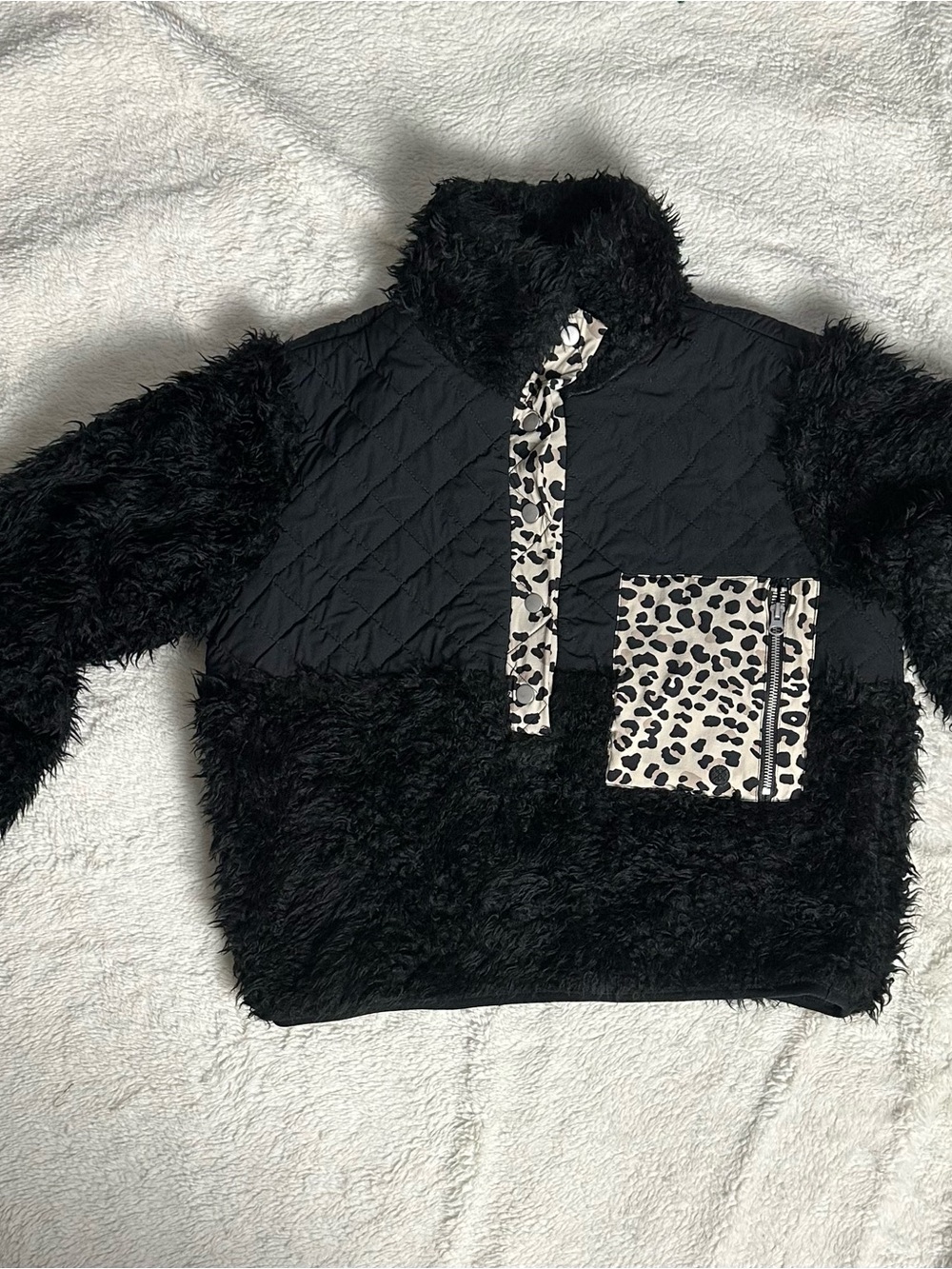 Stance Black Quilted Sherpa Pullover with Leopard Pocket